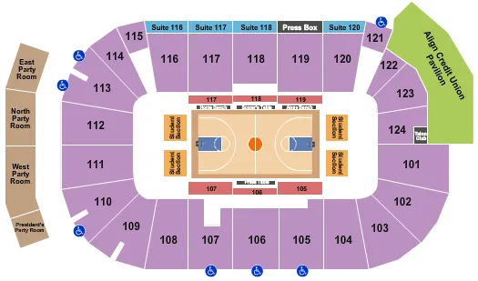 Basketball Seating Chart at Costello Athletic Center. The chart shows the main floor/stage with seating options surrounding it, which are color coded