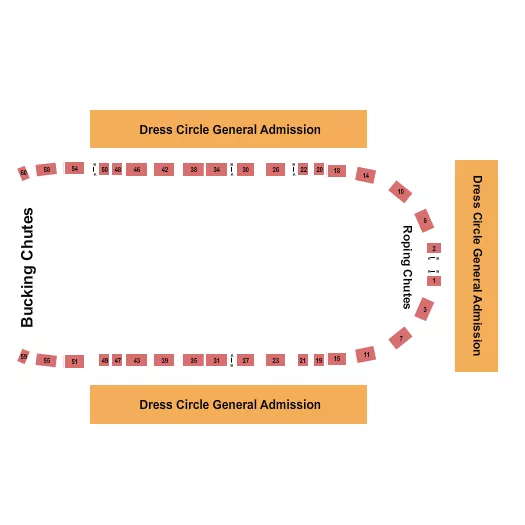 Extreme Broncs Seating Chart at Cow Palace. The chart shows the main floor/stage with seating options surrounding it, which are color coded
