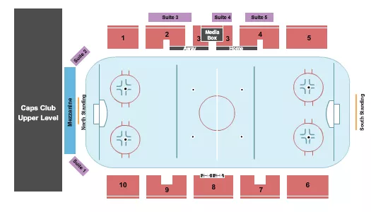 Hockey Seating Chart at Cowichan Community Centre Arena. The chart shows the main floor/stage with seating options surrounding it, which are color coded