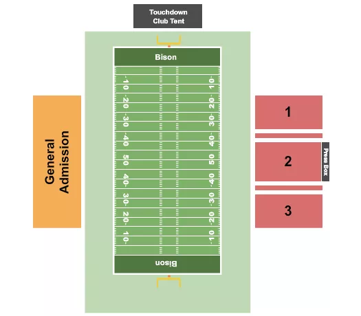 Football Seating Chart at Crain Family Stadium. The chart shows the main floor/stage with seating options surrounding it, which are color coded