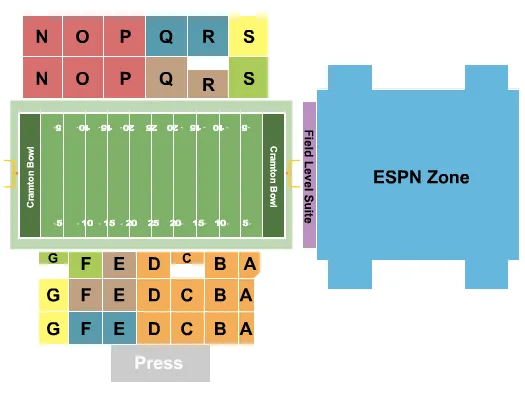 Football 2 Seating Chart at Cramton Bowl. The chart shows the main floor/stage with seating options surrounding it, which are color coded