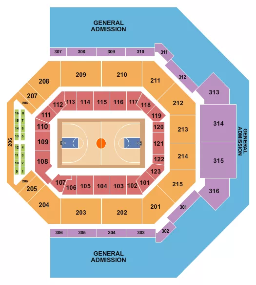 Basketball Seating Chart at Credit One Stadium. The chart shows the main floor/stage with seating options surrounding it, which are color coded