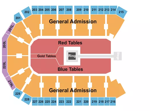 Boxing 2 Seating Chart at Credit Union of Texas Event Center. The chart shows the main floor/stage with seating options surrounding it, which are color coded