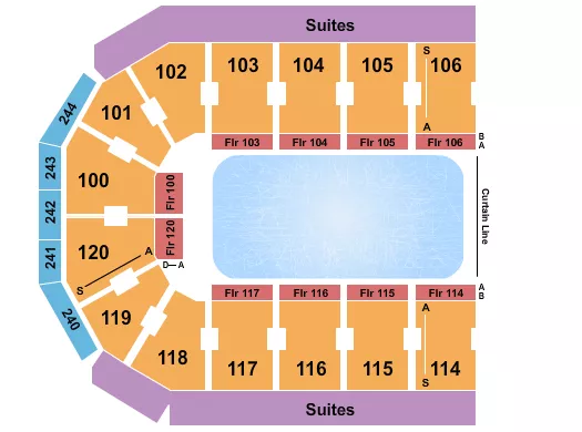 Disney On Ice Seating Chart at Credit Union of Texas Event Center. The chart shows the main floor/stage with seating options surrounding it, which are color coded