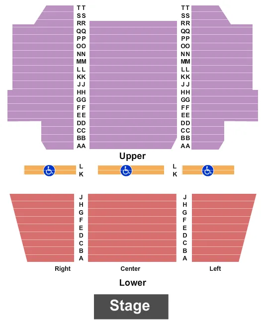 End Stage Seating Chart at Crest Theatre. The chart shows the main floor/stage with seating options surrounding it, which are color coded