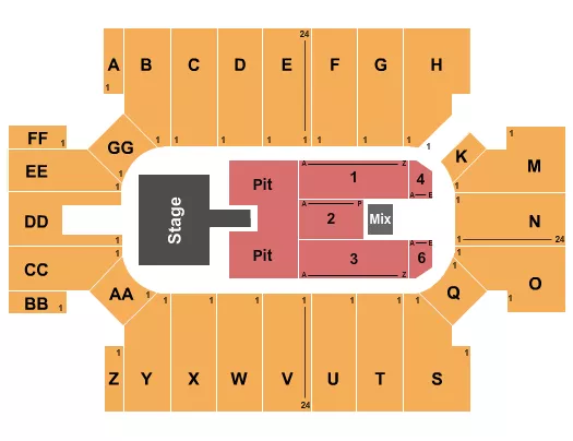 Brantley Gilbert Seating Chart at Cross Insurance Arena. The chart shows the main floor/stage with seating options surrounding it, which are color coded