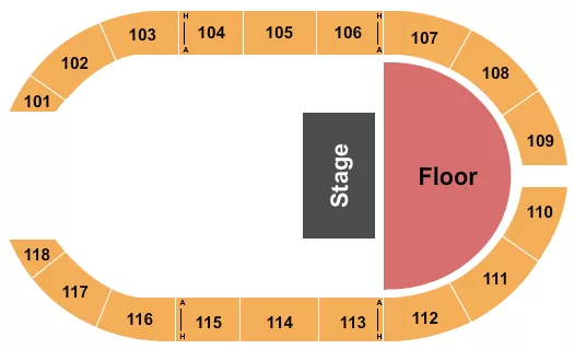 Half House GA Floor Seating Chart at Crossroads Arena. The chart shows the main floor/stage with seating options surrounding it, which are color coded