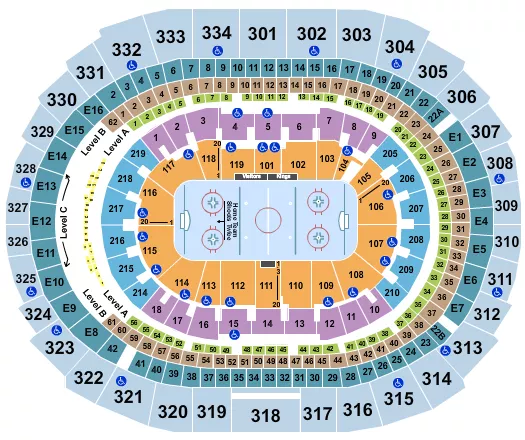 Hockey Seating Chart at Crypto.com Arena. The chart shows the main floor/stage with seating options surrounding it, which are color coded