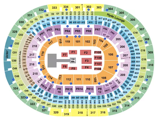 AEW Seating Chart at Crypto.com Arena. The chart shows the main floor/stage with seating options surrounding it, which are color coded