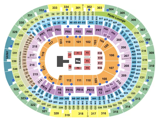 AEW Seating Chart at Crypto.com Arena. The chart shows the main floor/stage with seating options surrounding it, which are color coded