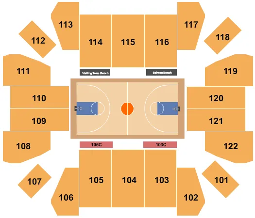 Basketball Seating Chart at Curb Event Center. The chart shows the main floor/stage with seating options surrounding it, which are color coded