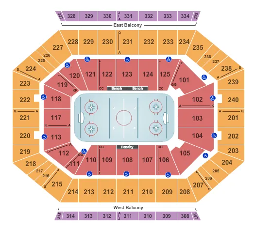 Hockey Seating Chart at DCU Center. The chart shows the main floor/stage with seating options surrounding it, which are color coded