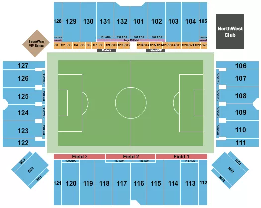 Soccer Reserved Seating Chart at Chase Stadium. The chart shows the main floor/stage with seating options surrounding it, which are color coded