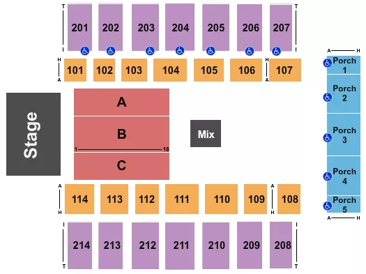 Sesame Street Live Seating Chart at Dacotah Bank Center. The chart shows the main floor/stage with seating options surrounding it, which are color coded