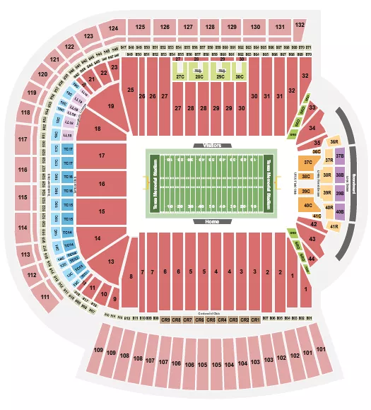 Football Seating Chart at Texas Memorial Stadium. The chart shows the main floor/stage with seating options surrounding it, which are color coded