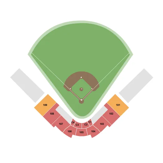 Softball Seating Chart at Davis Diamond. The chart shows the main floor/stage with seating options surrounding it, which are color coded