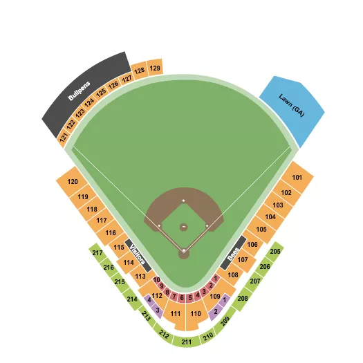 Baseball Seating Chart at The Ballpark At America First Square. The chart shows the main floor/stage with seating options surrounding it, which are color coded
