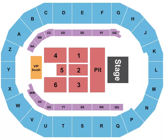 Endstage GA Pit Seating Chart at Days of 47 Arena at Utah State Fair Park. The chart shows the main floor/stage with seating options surrounding it, which are color coded