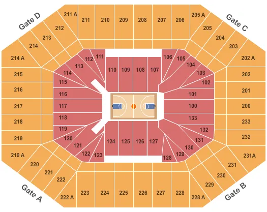 Basketball Seating Chart at Dean E. Smith Center. The chart shows the main floor/stage with seating options surrounding it, which are color coded