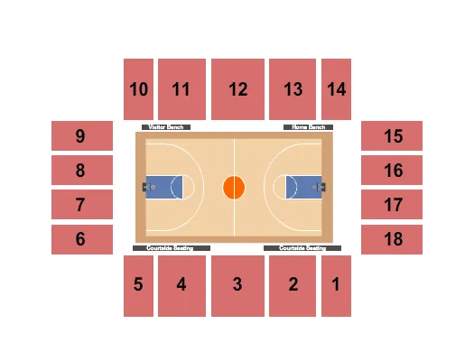 Basketball - Mens Seating Chart at Dedmon Center. The chart shows the main floor/stage with seating options surrounding it, which are color coded