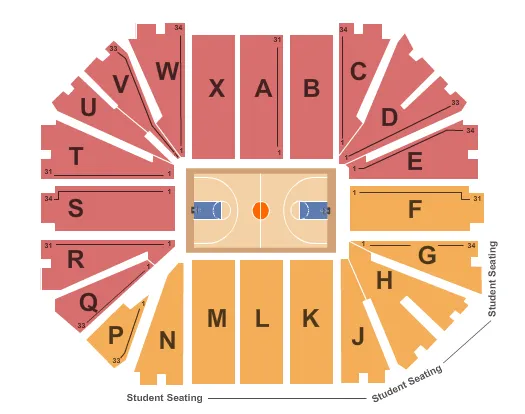 Basketball Seating Chart at Dee Glen Smith Spectrum. The chart shows the main floor/stage with seating options surrounding it, which are color coded