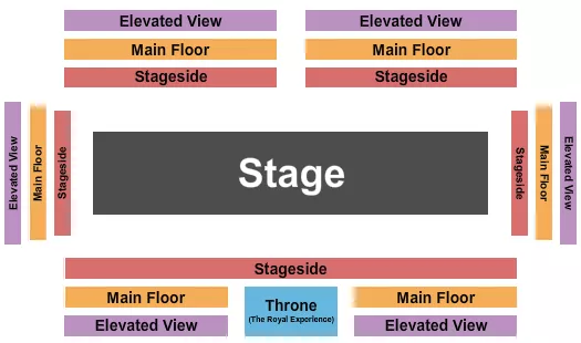 Drunk Shakespeare Seating Chart at Deep Ellum Art Co.. The chart shows the main floor/stage with seating options surrounding it, which are color coded