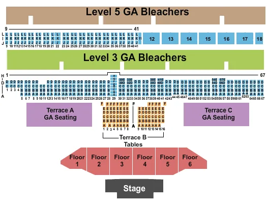 End Stage Seating Chart at Del Mar Fairgrounds. The chart shows the main floor/stage with seating options surrounding it, which are color coded