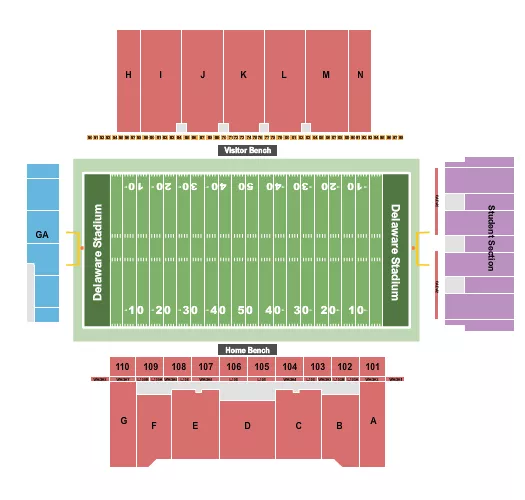 Football Seating Chart at Delaware Stadium. The chart shows the main floor/stage with seating options surrounding it, which are color coded