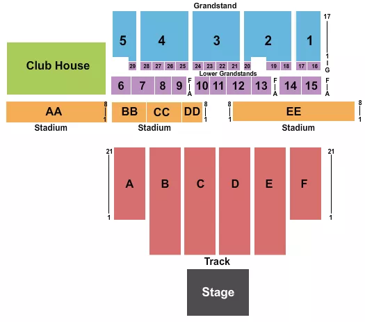 Concert Seating Chart at Delaware State Fairgrounds. The chart shows the main floor/stage with seating options surrounding it, which are color coded