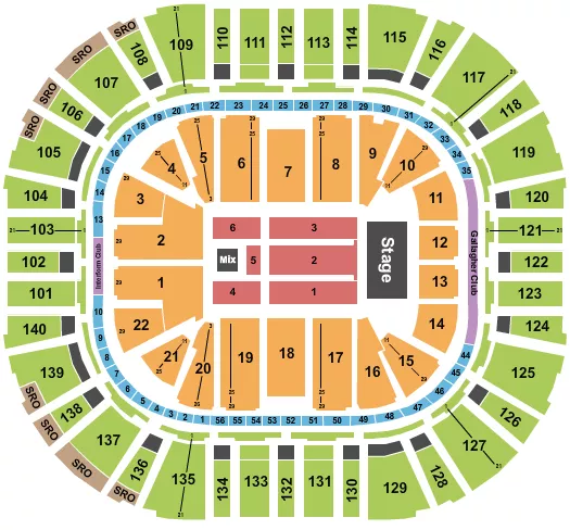 Adam Sandler Seating Chart at Delta Center. The chart shows the main floor/stage with seating options surrounding it, which are color coded