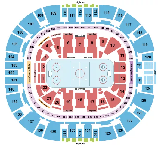 Hockey RW Seating Chart at Delta Center. The chart shows the main floor/stage with seating options surrounding it, which are color coded