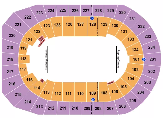 PBR Seating Chart at Denver Coliseum. The chart shows the main floor/stage with seating options surrounding it, which are color coded