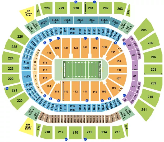 Football - AZ Rattlers Seating Chart at Desert Diamond Arena. The chart shows the main floor/stage with seating options surrounding it, which are color coded