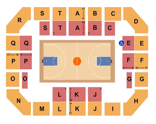 Basketball Seating Chart at Devlin Fieldhouse. The chart shows the main floor/stage with seating options surrounding it, which are color coded