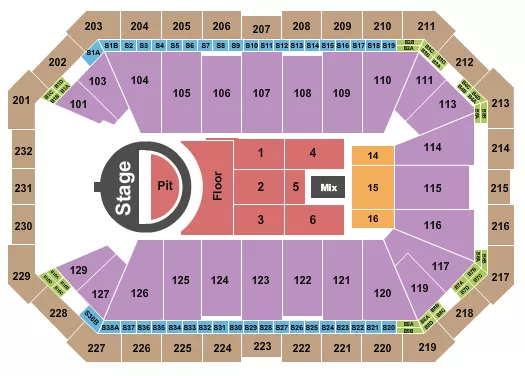 5 Seconds of Summer Seating Chart at Dickies Arena. The chart shows the main floor/stage with seating options surrounding it, which are color coded