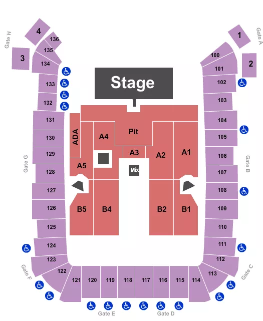 Hozier Seating Chart at Dick's Sporting Goods Park. The chart shows the main floor/stage with seating options surrounding it, which are color coded