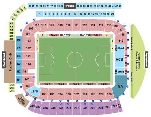 Soccer 5 Seating Chart at Dignity Health Sports Park - Stadium. The chart shows the main floor/stage with seating options surrounding it, which are color coded