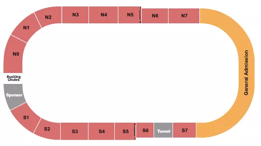 Rodeo Seating Chart at Dixie Sunbowl. The chart shows the main floor/stage with seating options surrounding it, which are color coded