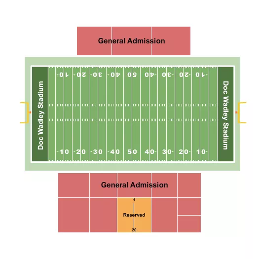 Football Seating Chart at Doc Wadley Stadium. The chart shows the main floor/stage with seating options surrounding it, which are color coded