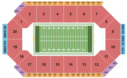 Football Seating Chart at Lee's Family Forum. The chart shows the main floor/stage with seating options surrounding it, which are color coded