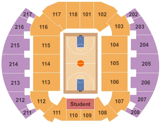 Basketball Seating Chart at Donald W. Reynolds Center. The chart shows the main floor/stage with seating options surrounding it, which are color coded