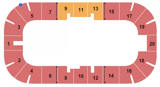 Circus - RSV & GA Seating Chart at Dort Financial Center. The chart shows the main floor/stage with seating options surrounding it, which are color coded