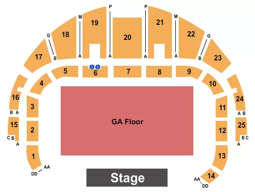 Endstage GA Floor Seating Chart at Dothan Civic Center. The chart shows the main floor/stage with seating options surrounding it, which are color coded