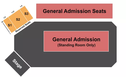 GA & RSV 2 Seating Chart at Douglas County Fairgrounds and Events Center. The chart shows the main floor/stage with seating options surrounding it, which are color coded