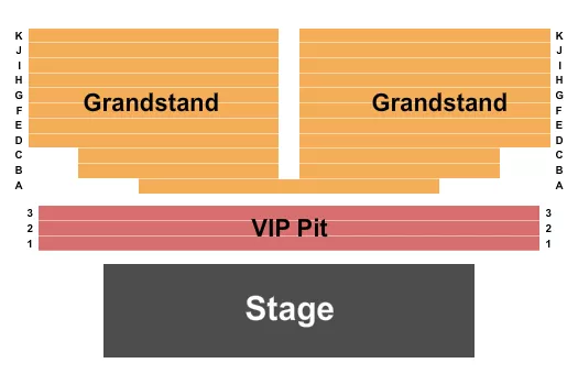VIP/Grandstand Seating Chart at Douglas County Fairgrounds Complex. The chart shows the main floor/stage with seating options surrounding it, which are color coded