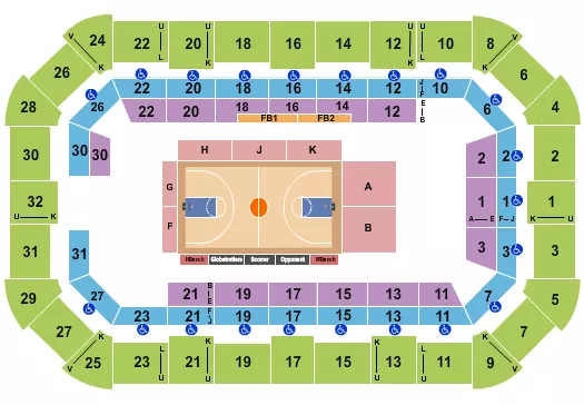 Harlem Globetrotters Seating Chart at Dow Arena At Dow Event Center. The chart shows the main floor/stage with seating options surrounding it, which are color coded