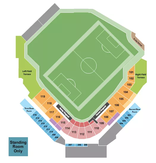 Soccer Seating Chart at Covenant Health Park. The chart shows the main floor/stage with seating options surrounding it, which are color coded