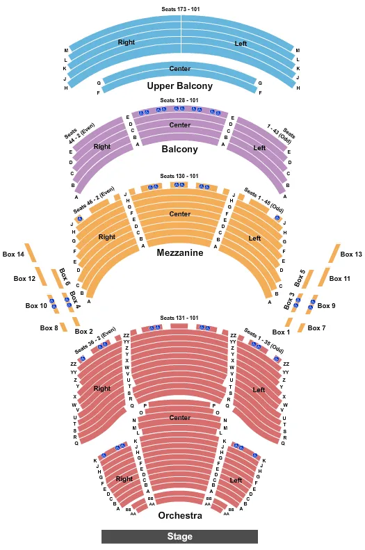 End Stage Seating Chart at Dr. Phillips Center - Walt Disney Theater. The chart shows the main floor/stage with seating options surrounding it, which are color coded