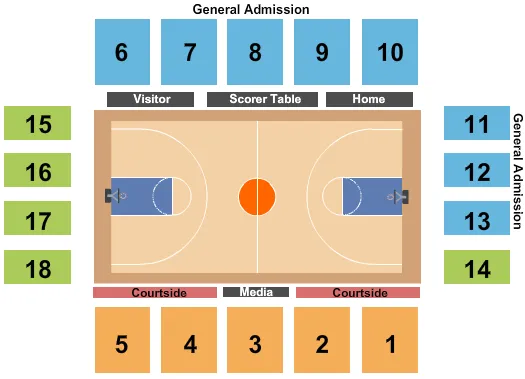 Basketball 2 Seating Chart at Draddy Gymnasium. The chart shows the main floor/stage with seating options surrounding it, which are color coded