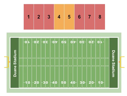 Football Seating Chart at Duane Stadium. The chart shows the main floor/stage with seating options surrounding it, which are color coded